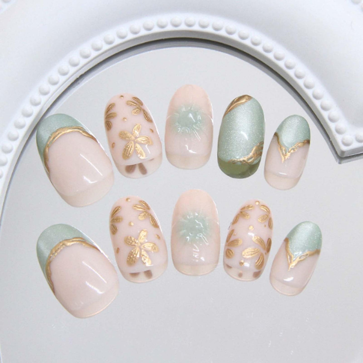 Hkanlre Almond Fake Nude Nails Tips Full Cover False Medium Nails Summer Flower Press on Nails for Women 24PCS