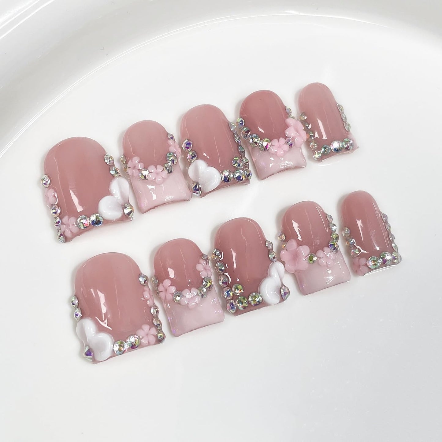 French Tip Press on Nails Handmade Short Square 3D Thick Acrylic Nails Pink False Nails with Flower Rhinestones Designs Cute Floral Fake Nail Sturdy Art Press on Nail 10Pcs(M)