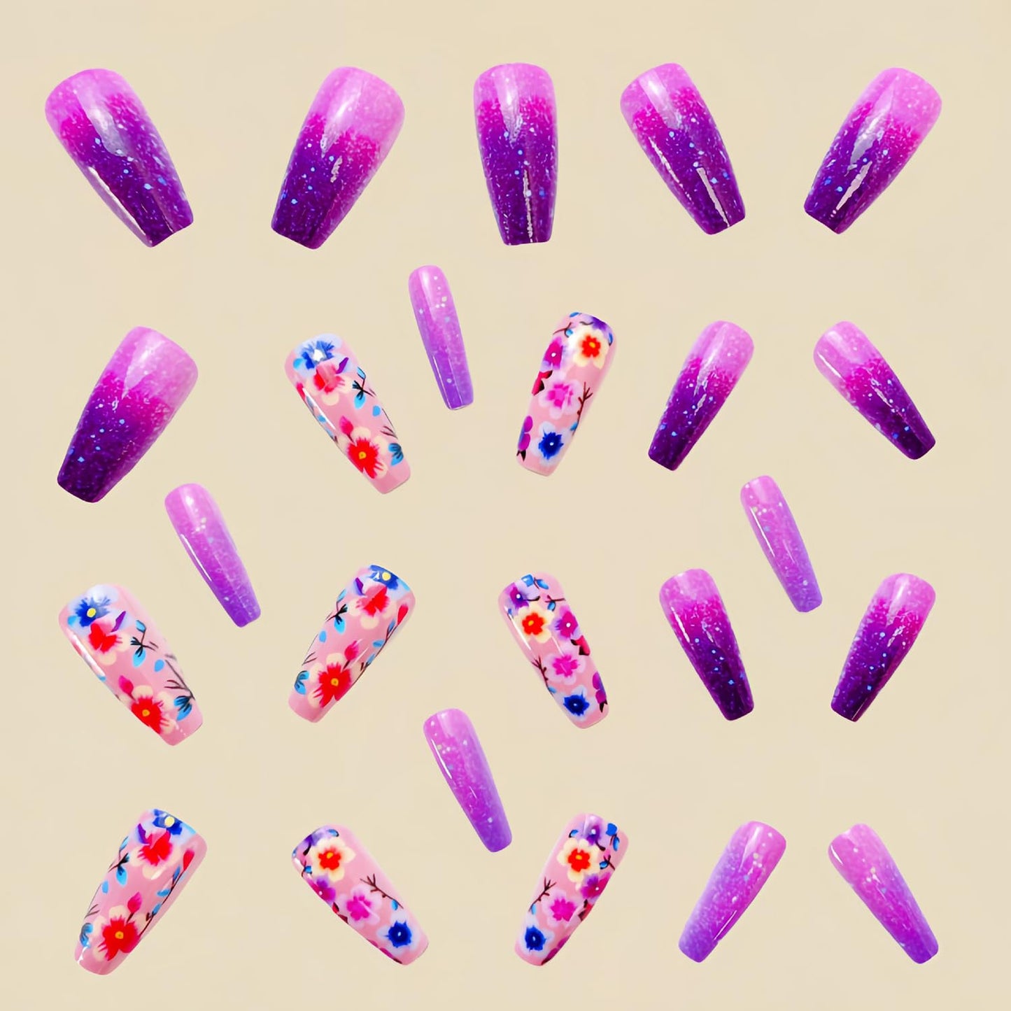 CJDLTS Press on Nails Medium Ballet Shaped Purple Flowers Pattern Design False Nails Purple Gradient Press Nails Full Cover Glitter Nails Artificial Stick on Nails Glossy Glue on Nails for Women
