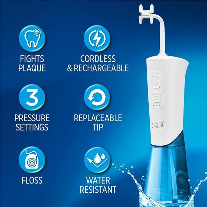 Ontel Miracle Smile Water Flosser for Teeth&Gum Health, Unique H-Shaped Flossing Head&4 Water Jets, Cordless Water Flosser Features 360° Cleaning&3 Pressure Modes, USB Rechargeable Dental Floss, White