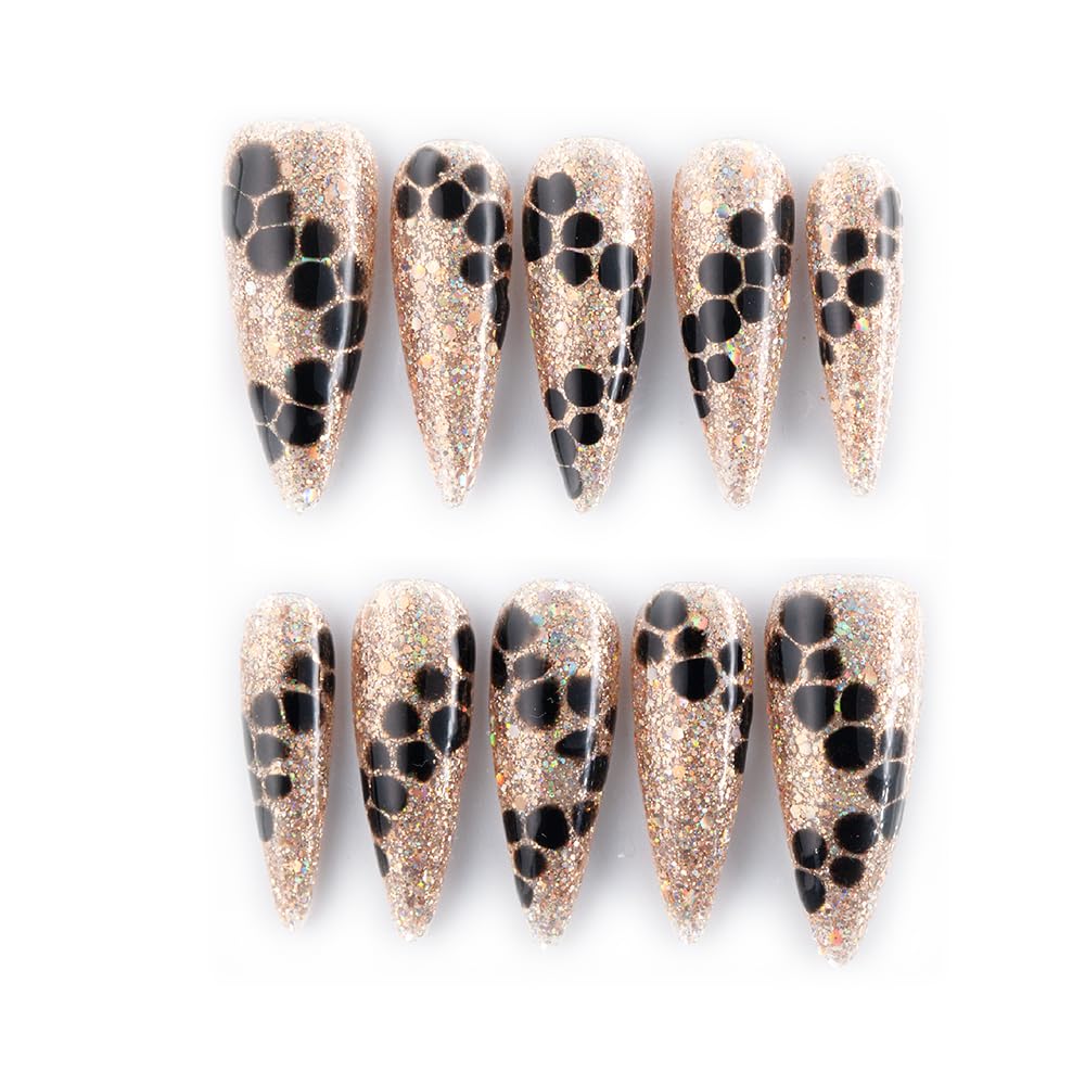 Rose Gold Glitter Press On Nails, Stiletto Shape, Black Animal Print Design, Long False Nails, 10 Piece Set (Gold, Medium)