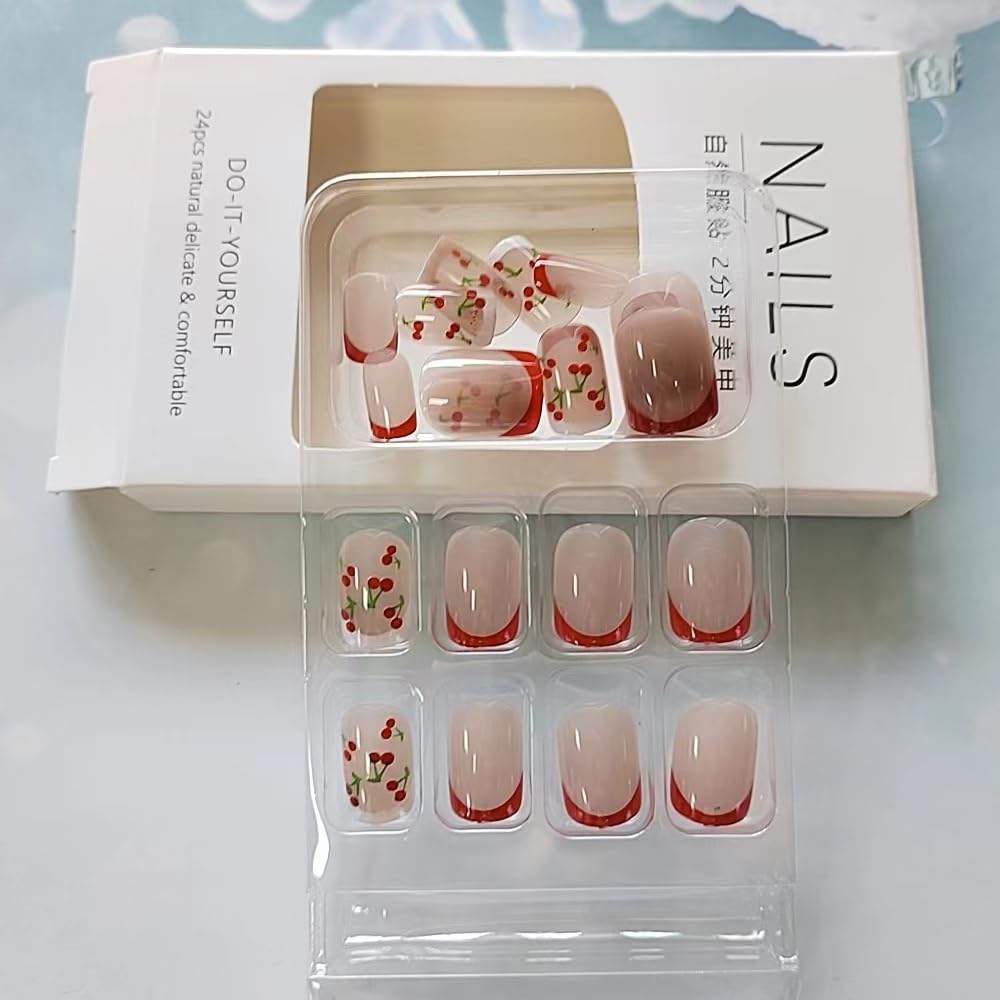 French Tips Press on Nails Pink Glossy Fake Nails Cute Cherry Designs Short False Nails Square Stick on Nails Full Cover Red White Nail Tips Acrylic Nail Art Kit for Women Manicure Decoration 24 Pcs