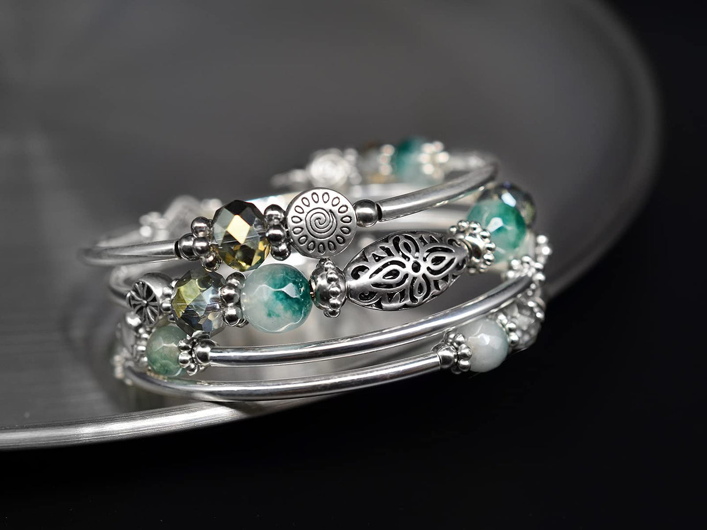FULU AUTUMN Stackable Beaded Bracelet for Women Boho Wrap Silver Bracelet Layered Fashion Jewelry Gift (Green)