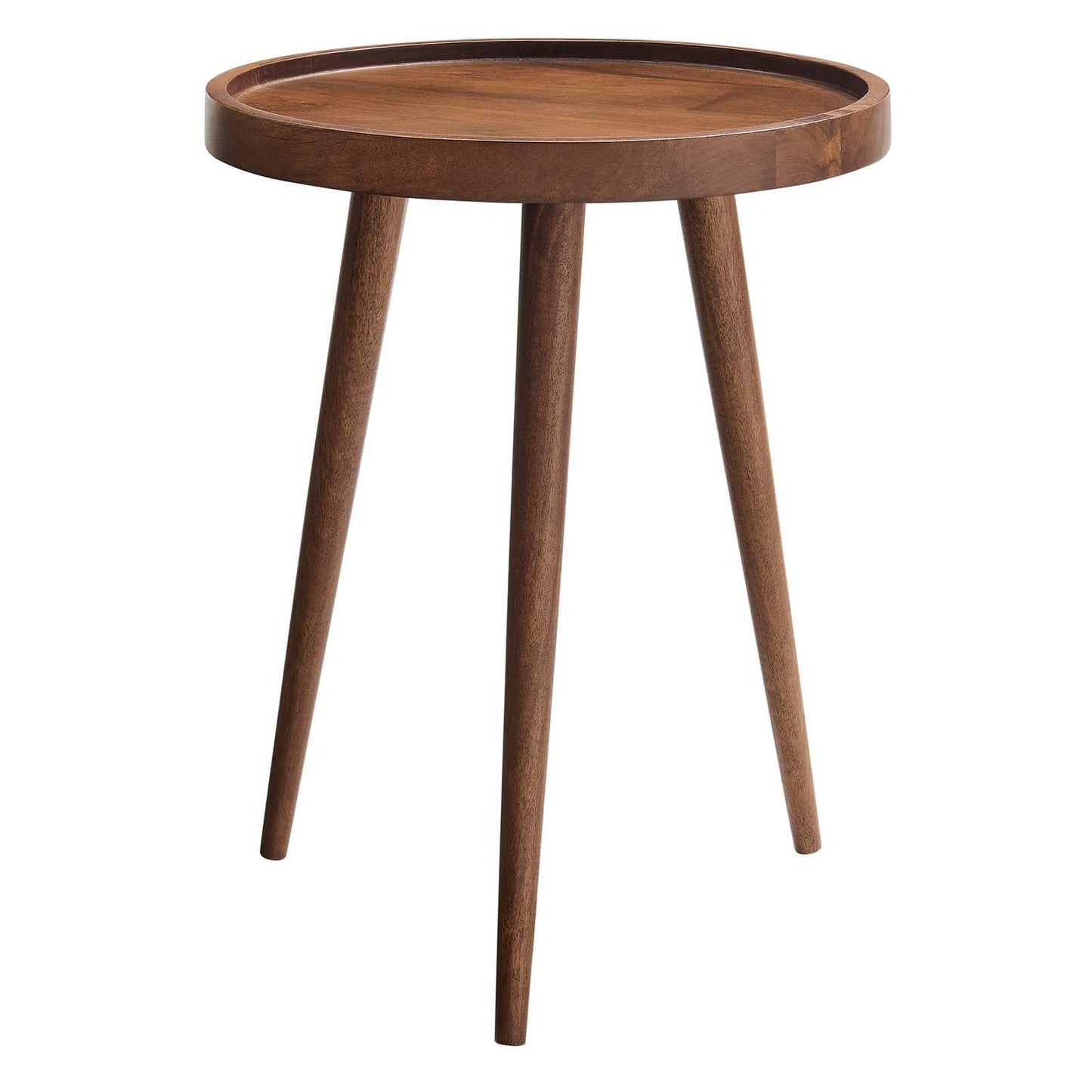 Modway Chiro Solid Wood Side Table in Walnut with Tray Top - Mid-Century Modern Round Accent Table - Small Bedside Table with Tapered Legs - Living Room End Table
