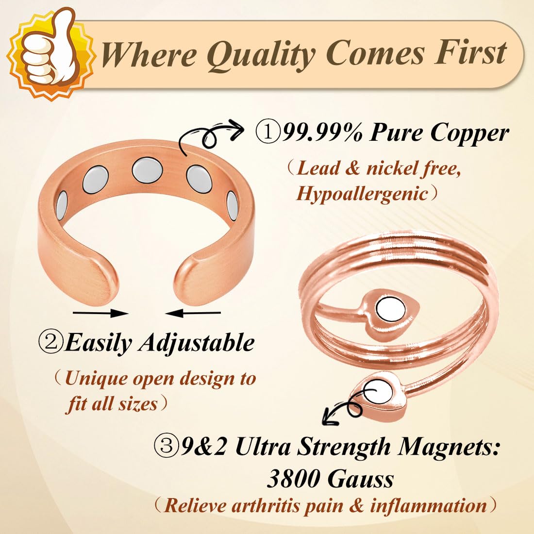 Cigmag 9X Magnetic Rings for Women, with Powerful Magnets, Adjustable Solid Pure Copper (Copper Matte & Heart)