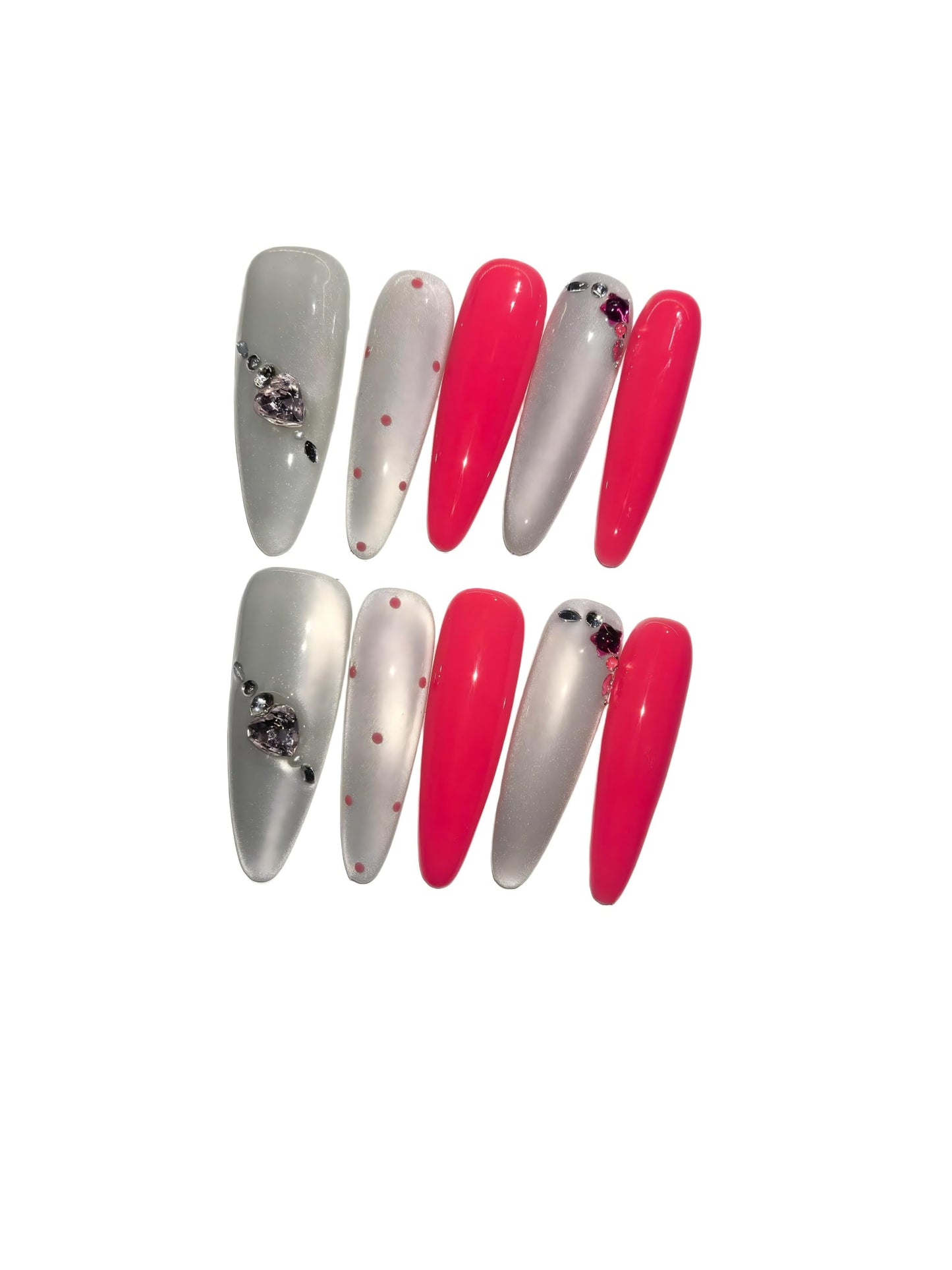 Glam Silver Coral Press On Nails, Heart Rhinestone Embellished Extra Long Stiletto Fake Nails, Reusable Manicure Set (L)