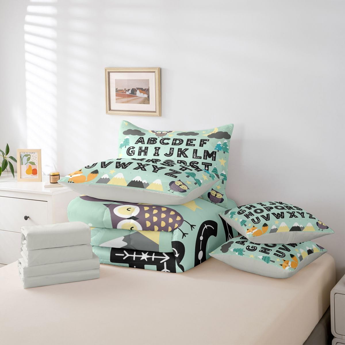 Feelyou Alphabet Kids ABC Learning Comforter Set Twin Size 7 PCS Cute Fox Bedding Set Kids Boys Girls Educational Art Bed in a Bag with Comforter & Sheets Sets & Cushion Covers Animals Bedroom Decor