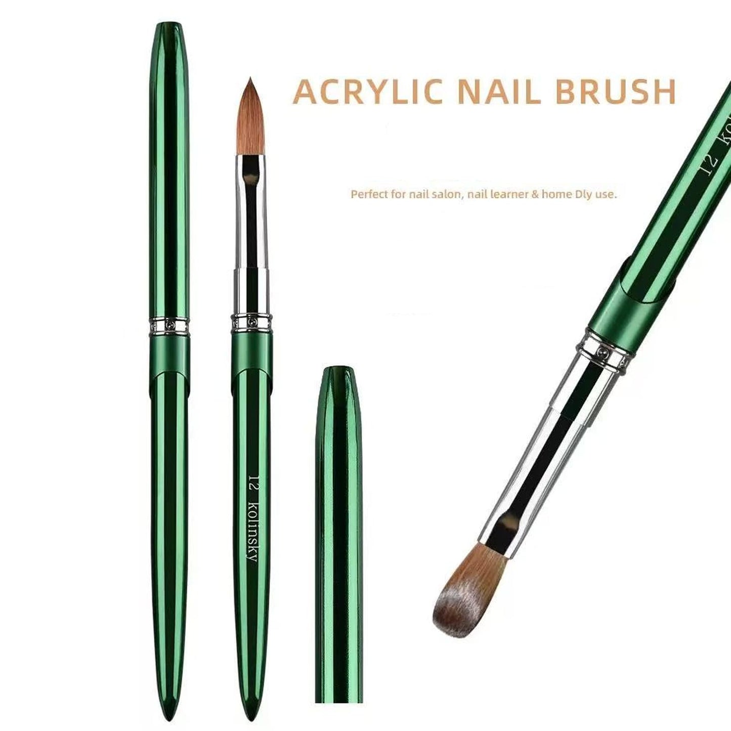100% Kolinsky Nail Art Brushes Acrylic Nail Brushes Pure Kolinsky Hair Acrylic Crystal Chrome Green Handle with Silver Ferrule Round Shaped for Women Girls Manicure Tools Accessories-Size 12