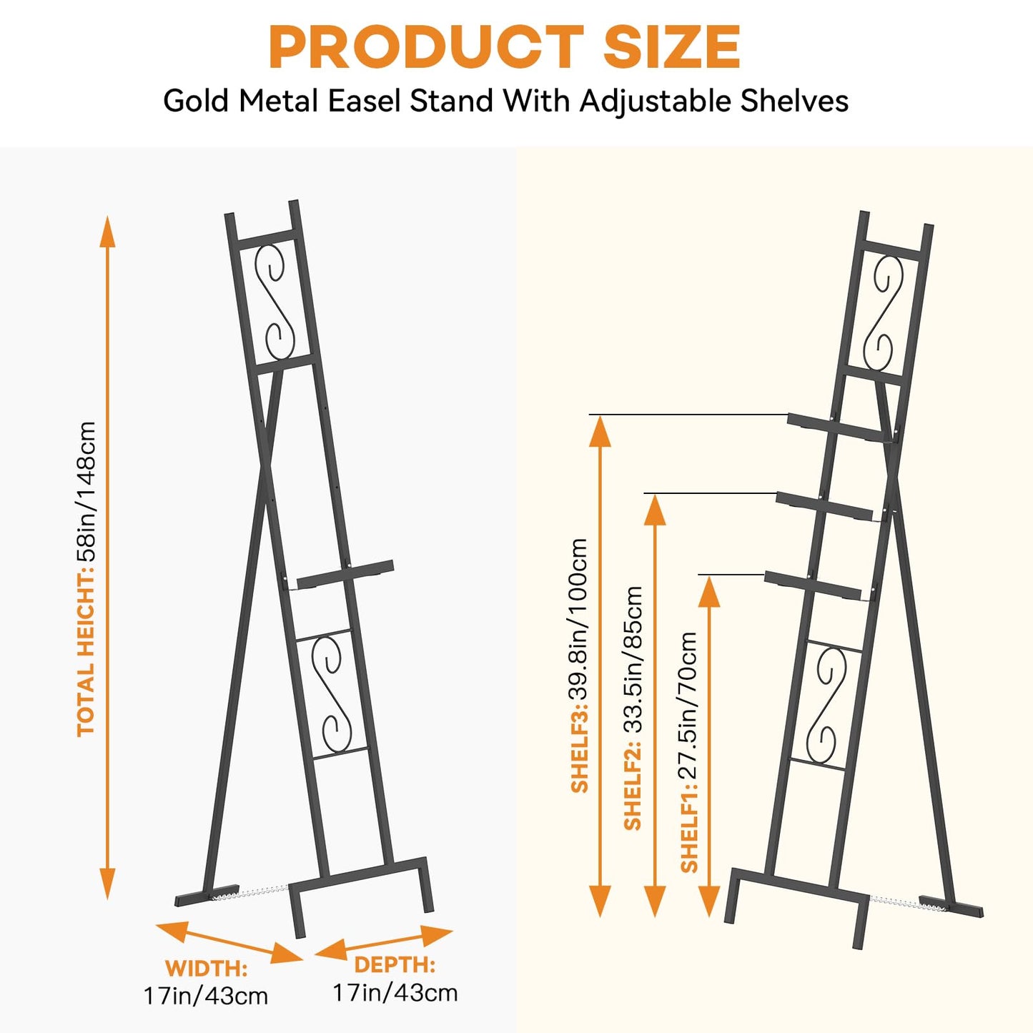 58" Easel Display Stand, 2 Pack Black Easel Stand for Wedding Poster Board Stands for Display Lightweight Floor Easels for Painting Welcome Sign Holder with Adjustable Chain