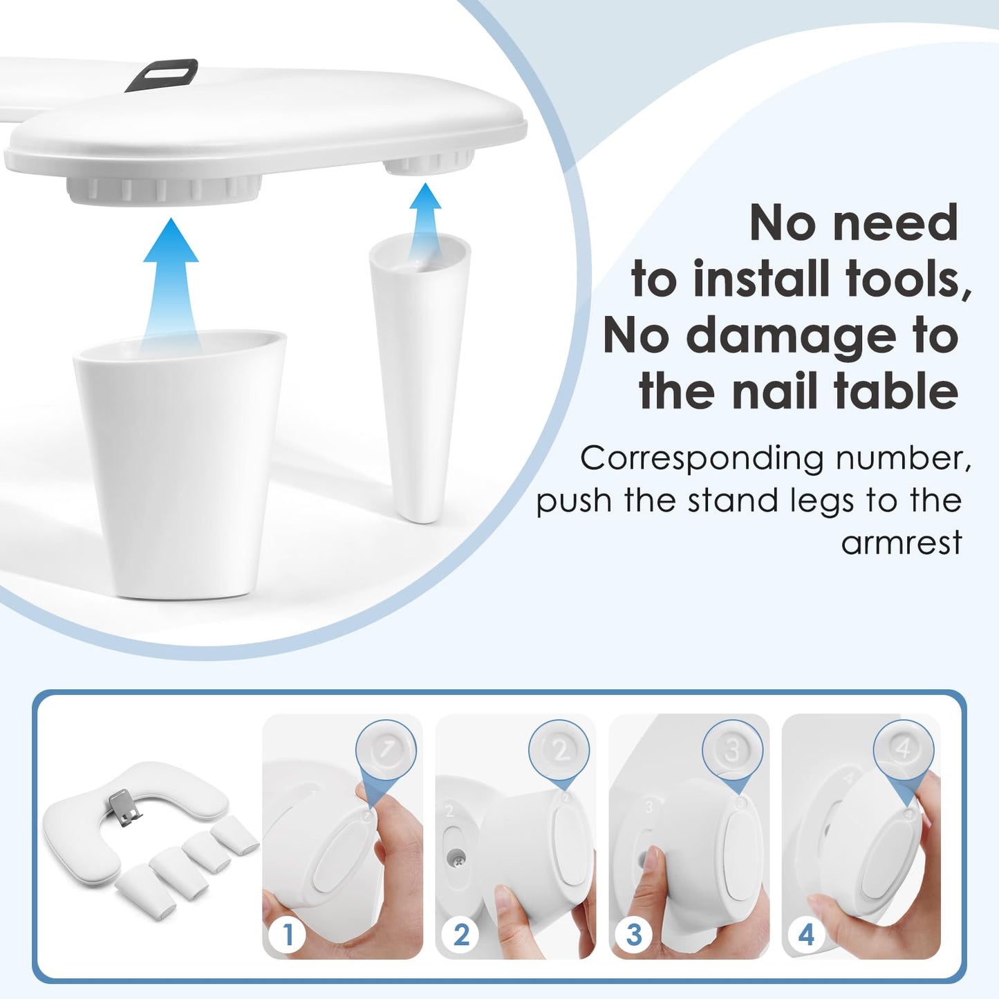 LIONVISON Arm Rest for Nails Tech: U Shaped Ergonomic Nail Hand Rest Stand PU Leather with Rotating Phone Holder for Nail Salon Manicurist (White)