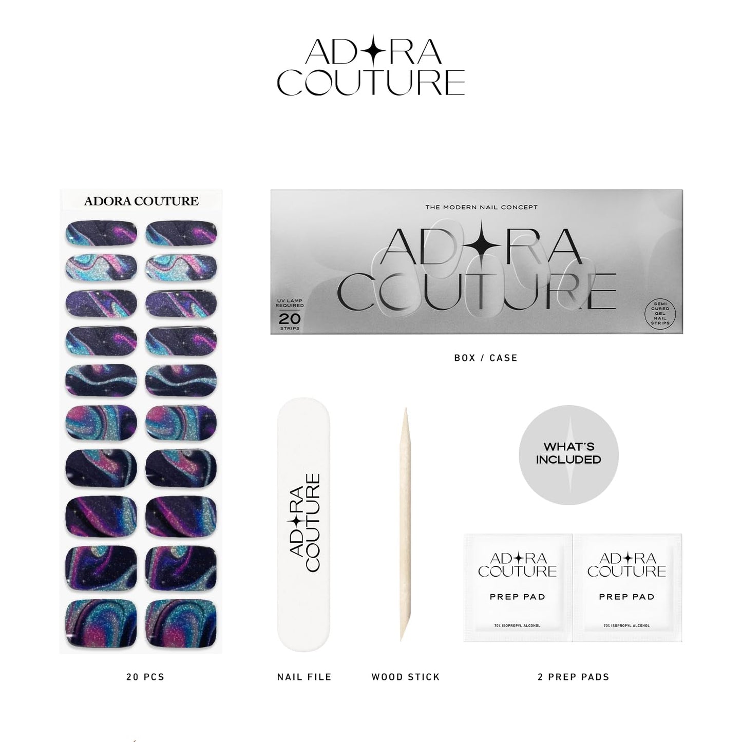Adora Couture Semi Cured Gel Nail Strips with 20 Pieces - UV Gel Stickers, Manicure Kit, Easy Application Wraps Includes Prep Pads, Nail File, Wooden Stick - UV Light Required (Lost in Space)