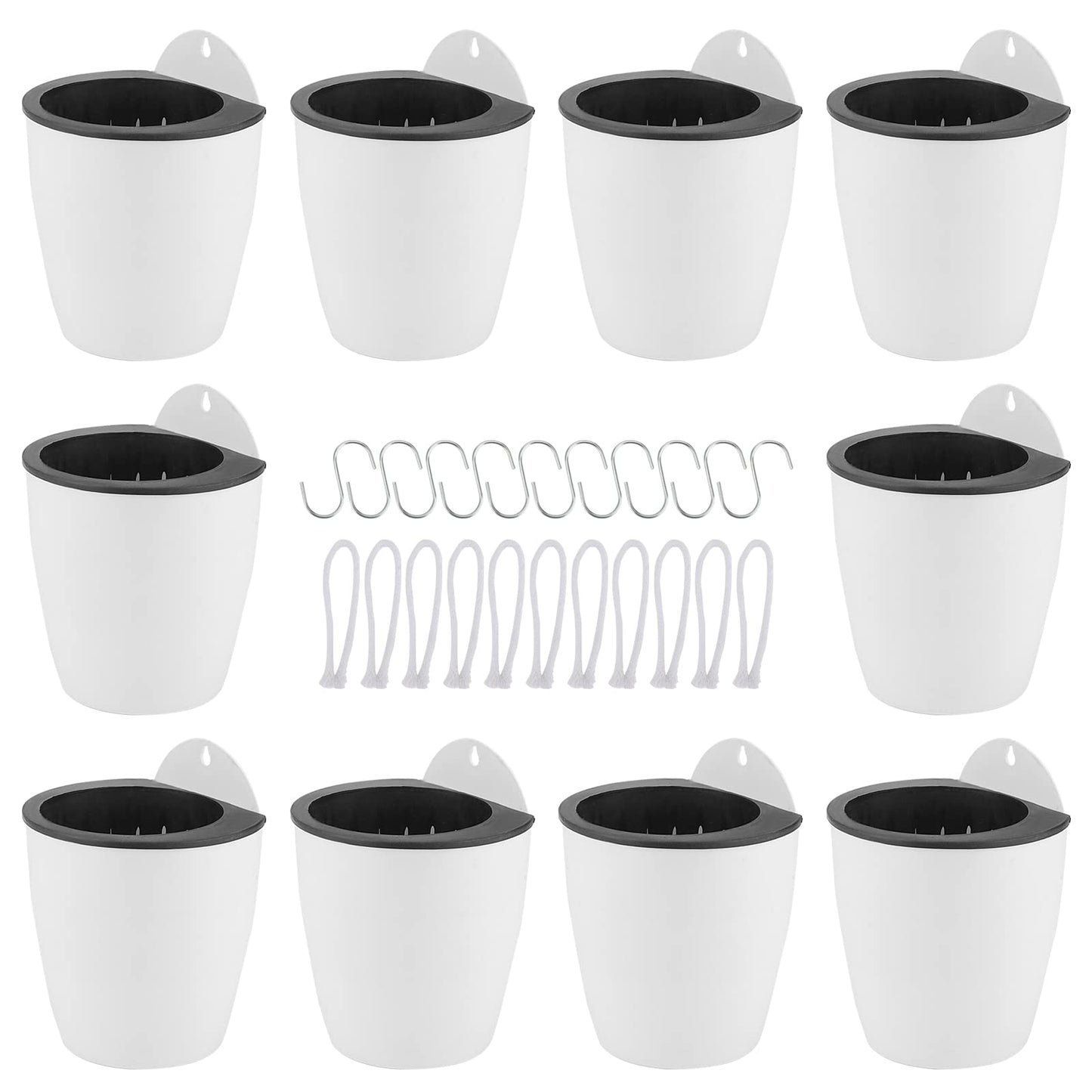 LEXININ 10 Pack 5 Inch Self Watering Hanging Planters, White Plastic Wall Mounted Plant Pots, Vertical Flower Pot for Plants