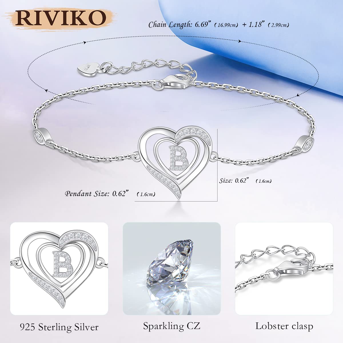 RIVIKO Heart Initial Bracelets for Women,925 Sterling Silver Letter B Bracelets,Personalized Charm Alphabet Jewelry Anniversary Valentines Birthday Gifts for Women Her Mom Wife Lady