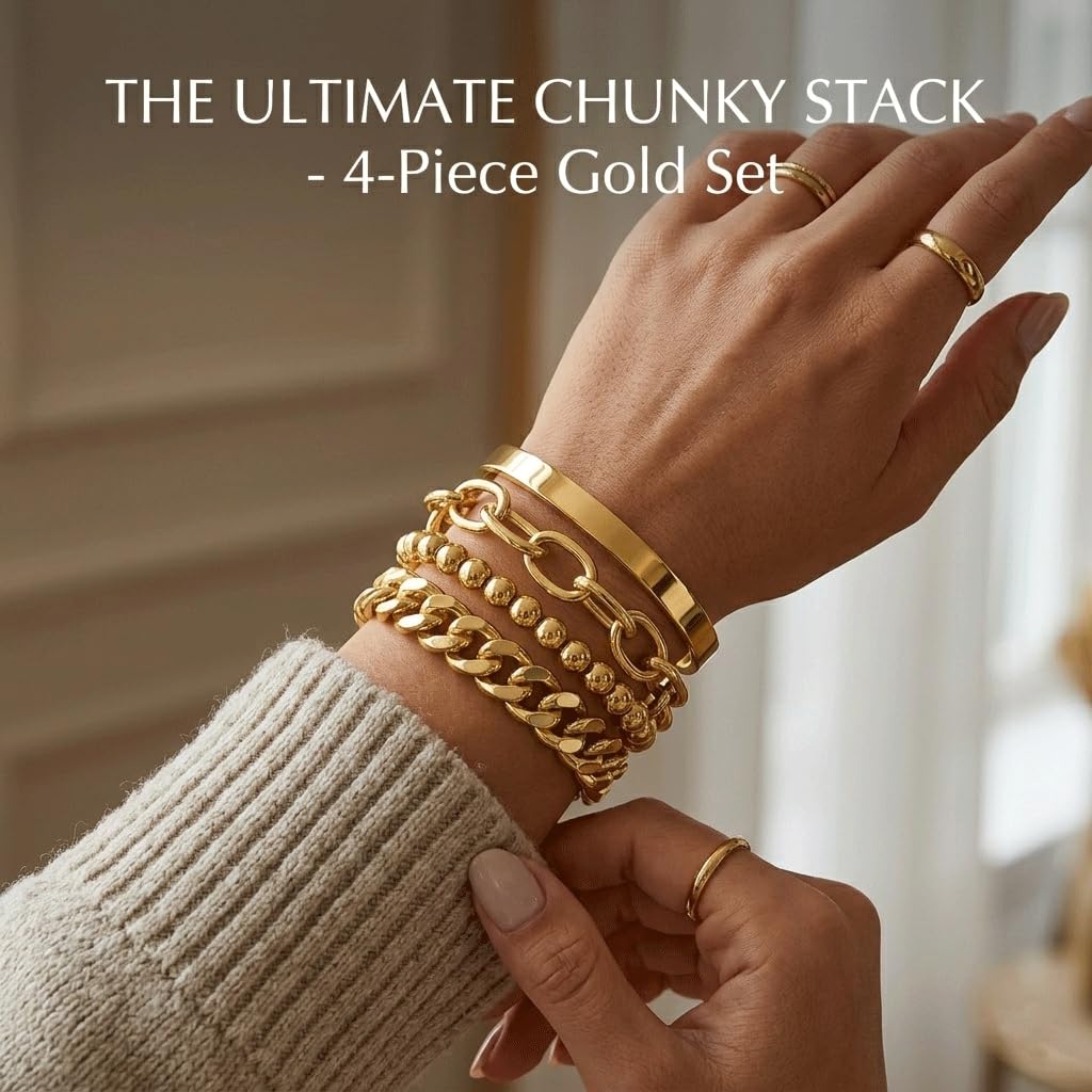 Chunky Gold Bracelet Stack for Women Non Tainish, Chunky Stackable Thick Bracelets Set for Women, Gold Plated Large Bracelet Stack With Bangle Beaded Cuban Paperclip Chain Jewelry Gifts for Mom Her