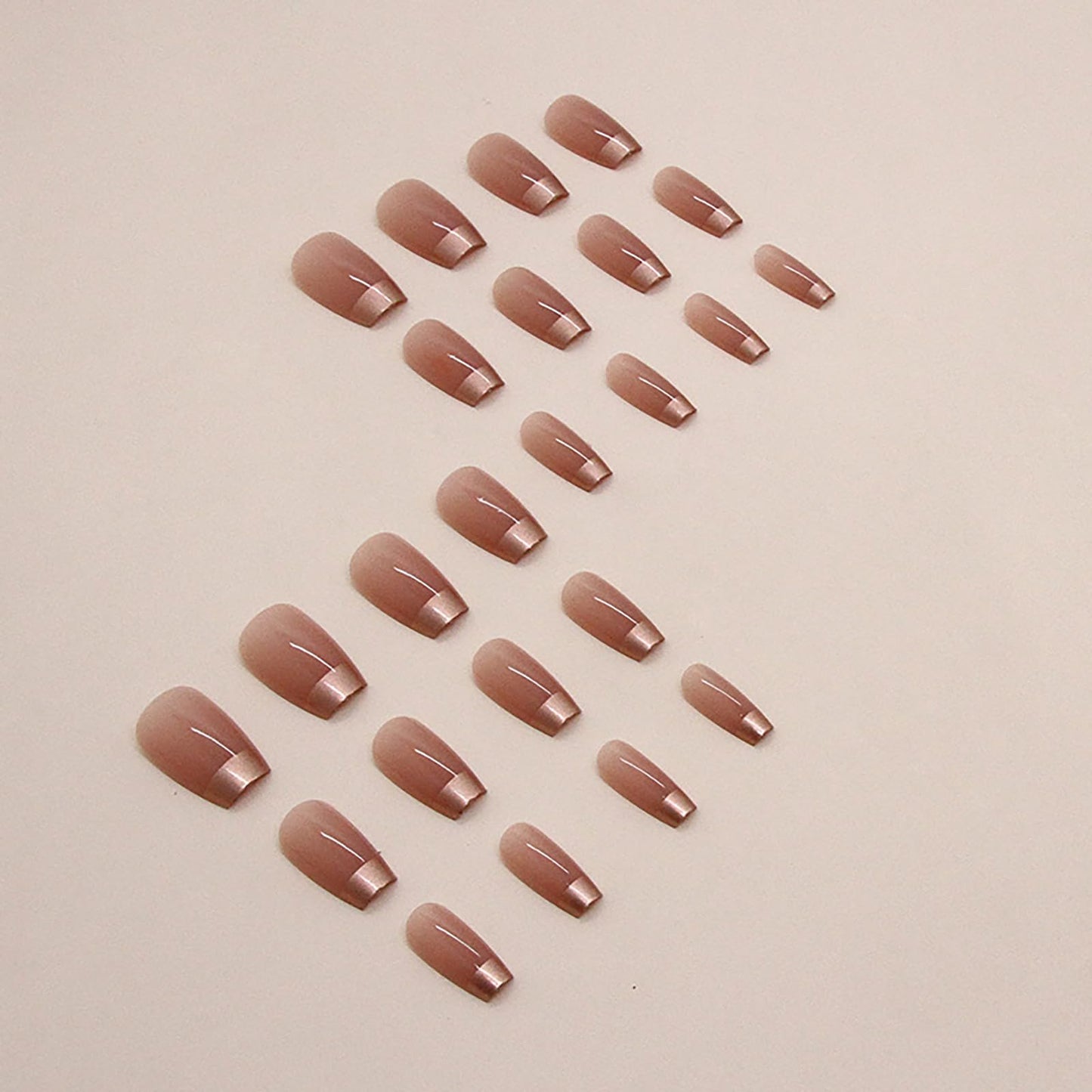 Medium Coffin Press on Nails Gold French Tip Fake Nails Nude Pink Nails Press ons Acrylic Nails False Glossy Artificial Full Cover Stick on Nails for Women Girls 24 Pcs