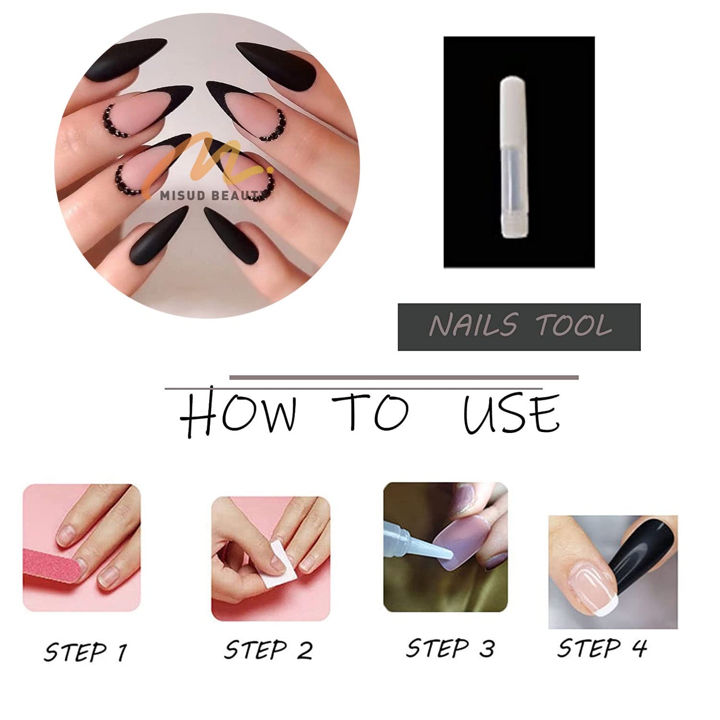 MISUD Press on Nails - Medium Stiletto Glue on Nails with Matte Black, Acrylic Bling Glitter Design 24 pcs