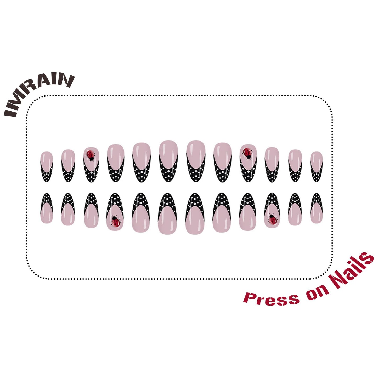 IMRAIN Press on Nails Almond - Medium Black French Tip Fake Nails with Polka Dot & Ladybug Designs, Glossy Full Cover False Nails, 24Pcs Nail Kit for Women Manicure