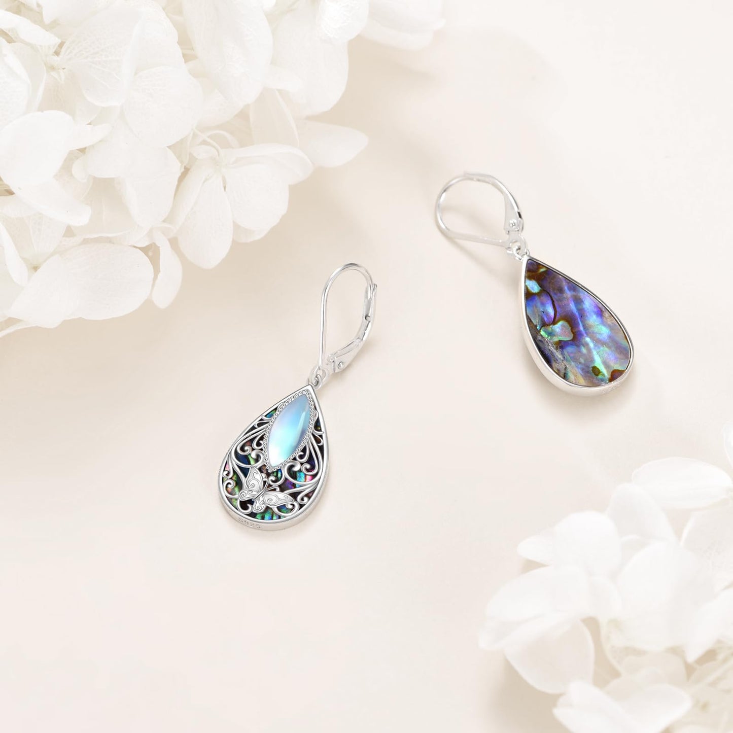 Butterfly Filigree Earrings Sterling Silver Teardrop Abalone Shell Drop Dangle Filigree Leverback Earrings Jewelry Gifts for Women