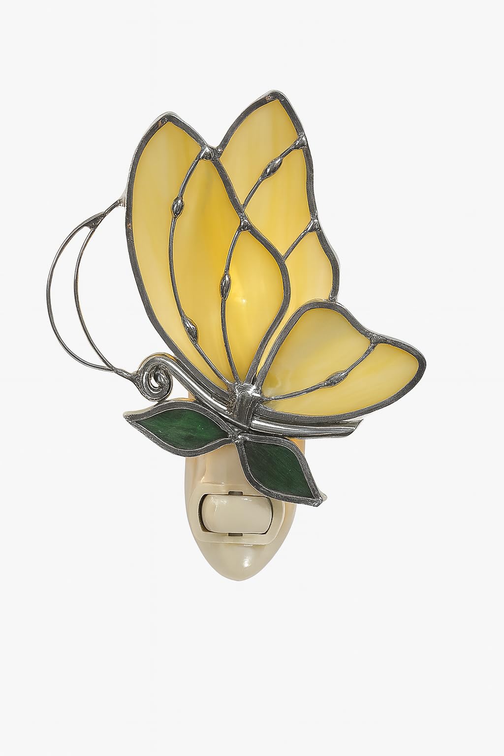 Yellow Butterfly Stained Glass Night Light – Silver Plated, from Juhlin Glass Studio – 5W Bulb Included – Standard Night Light Base