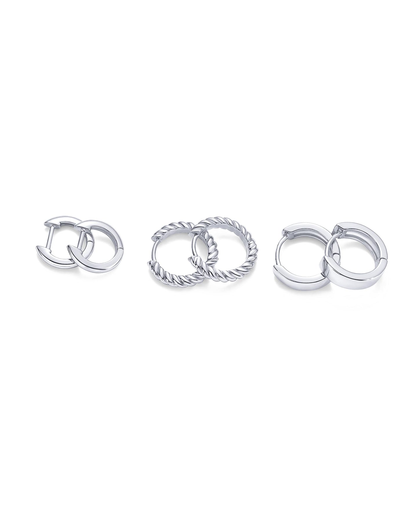 PAVOI Rhodium Plated 925 Sterling Silver Posts 4 Pairs Small Hoop Earrings for Women - Four Gold Earring Set Plain Rope Wide Huggie Hoop Earscape Pack