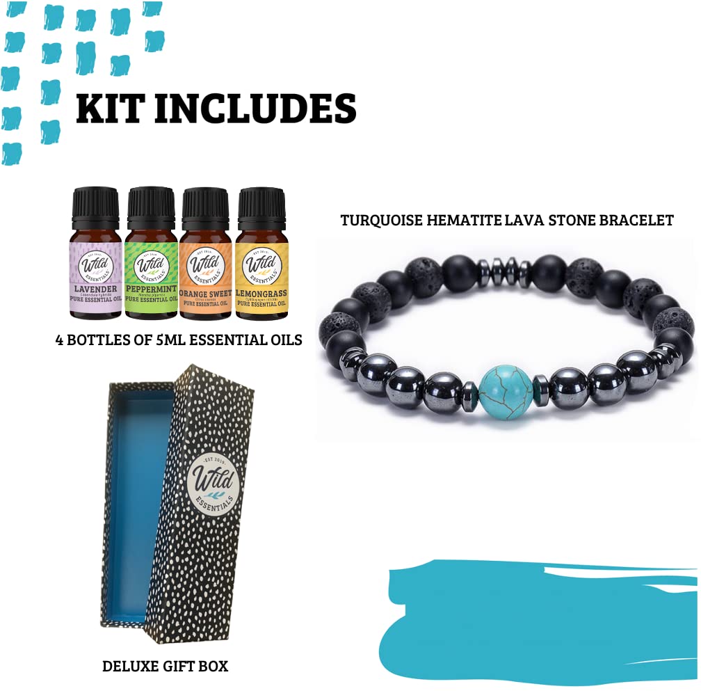 Wild Essentials Turquoise and Hematite Lava Stone Essential Oil Diffuser Bracelet, Expandable Elastic, Aromatherapy Jewelry Gift Set and 100% Pure Oils (Lavender, Lemongrass, Orange and Peppermint)