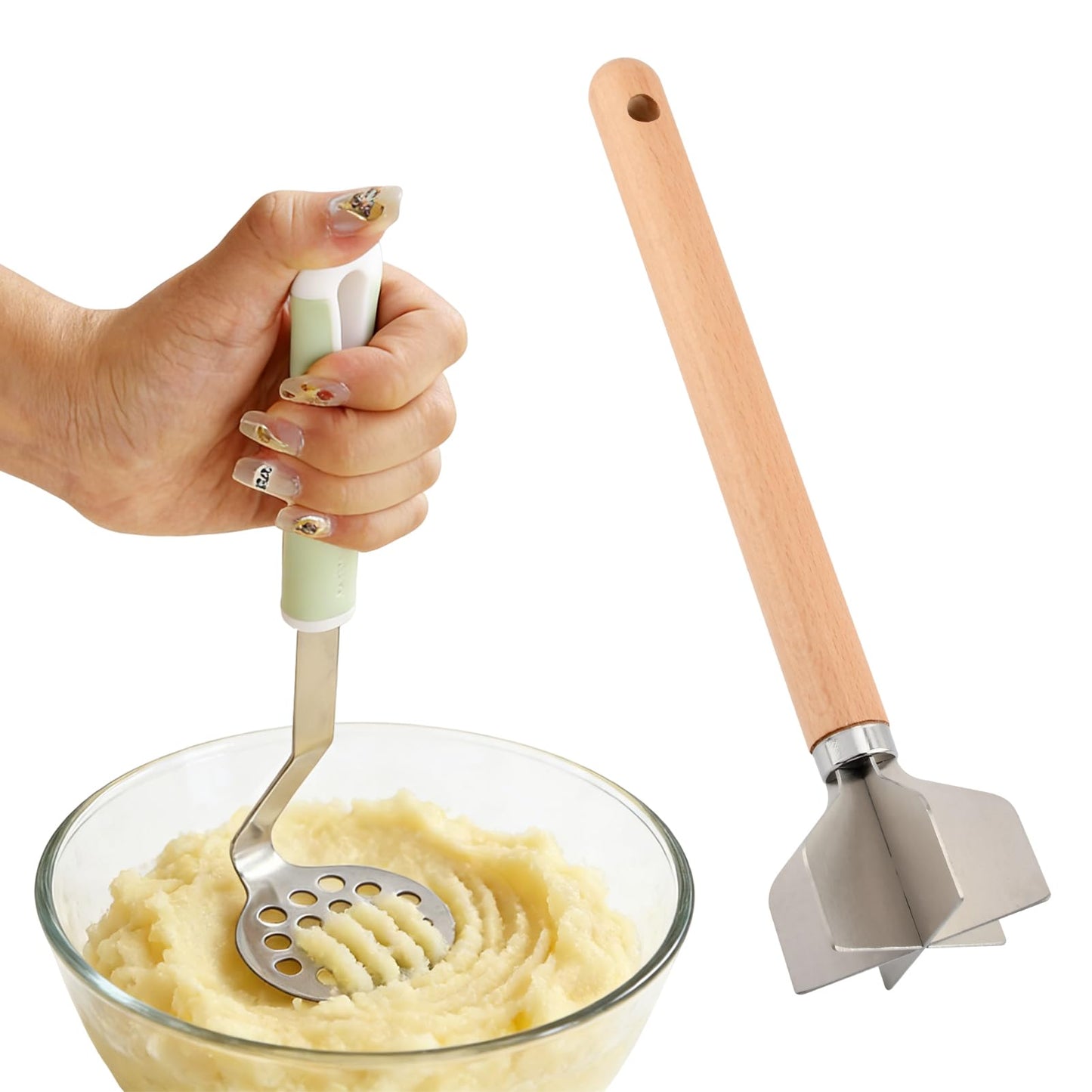 Stainless Steel Meat Chopper with Potato Masher, Kitchen Gadgets 4-Blade Ground Beef Chopper Potato Masher Hamburger Smasher Tool for Meat Vegetables Avocado Potatoes Beans(COLOR:Silver)