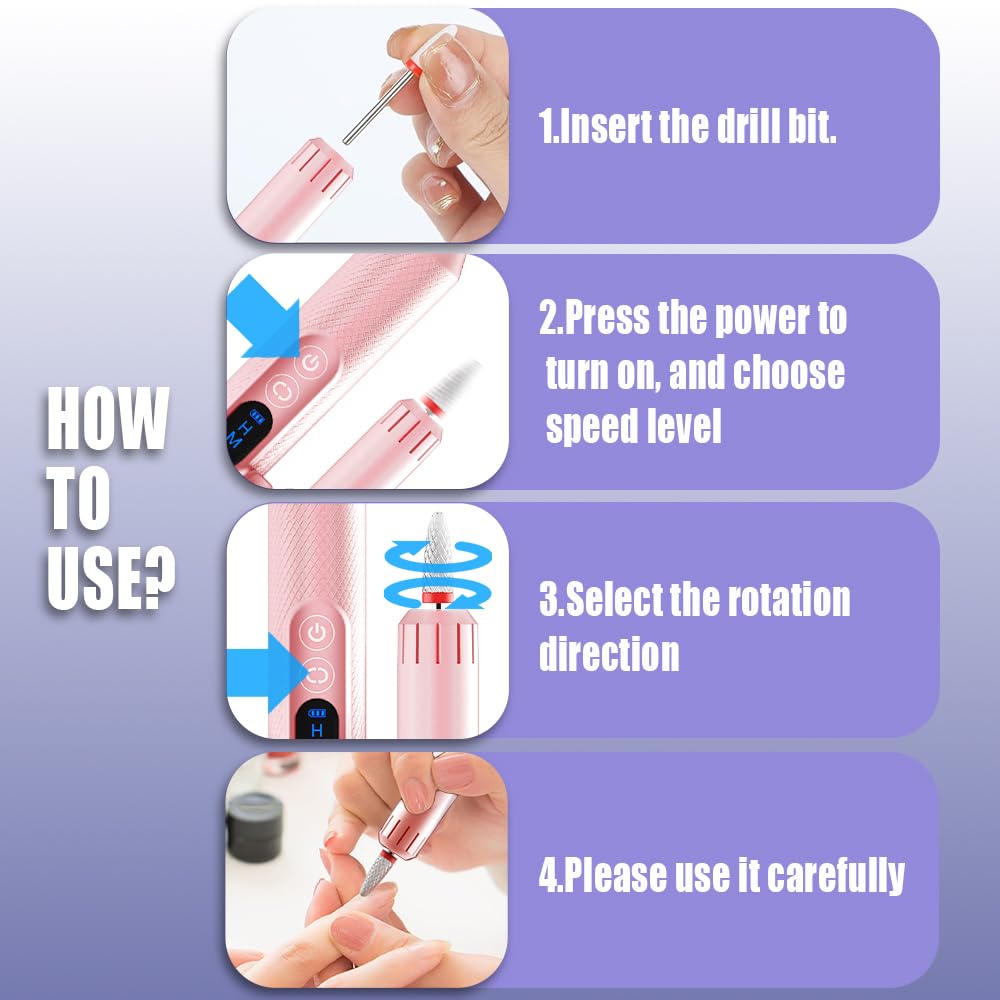 Pinkiou Cordless Electric Nail Drill-20000RPM Professional Efile Nail Machine with Wireless Charging Base, Portable Rechargeable Nail File Kit for Acrylic, Gel Nails, Manicure & Pedicure at Home(Pink)