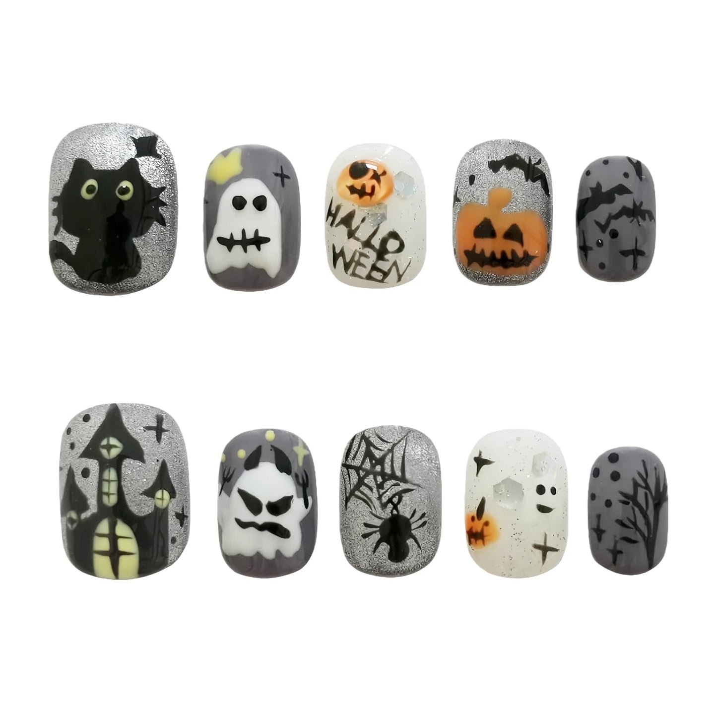 Handmade Goth Press on Nails Short Square - Glossy Grey 3D Ghost & Black Cat Design, Edgy Alt Style Fake Nails, Salon Quality Reusable Nails (Autumn Haunted Story,M)