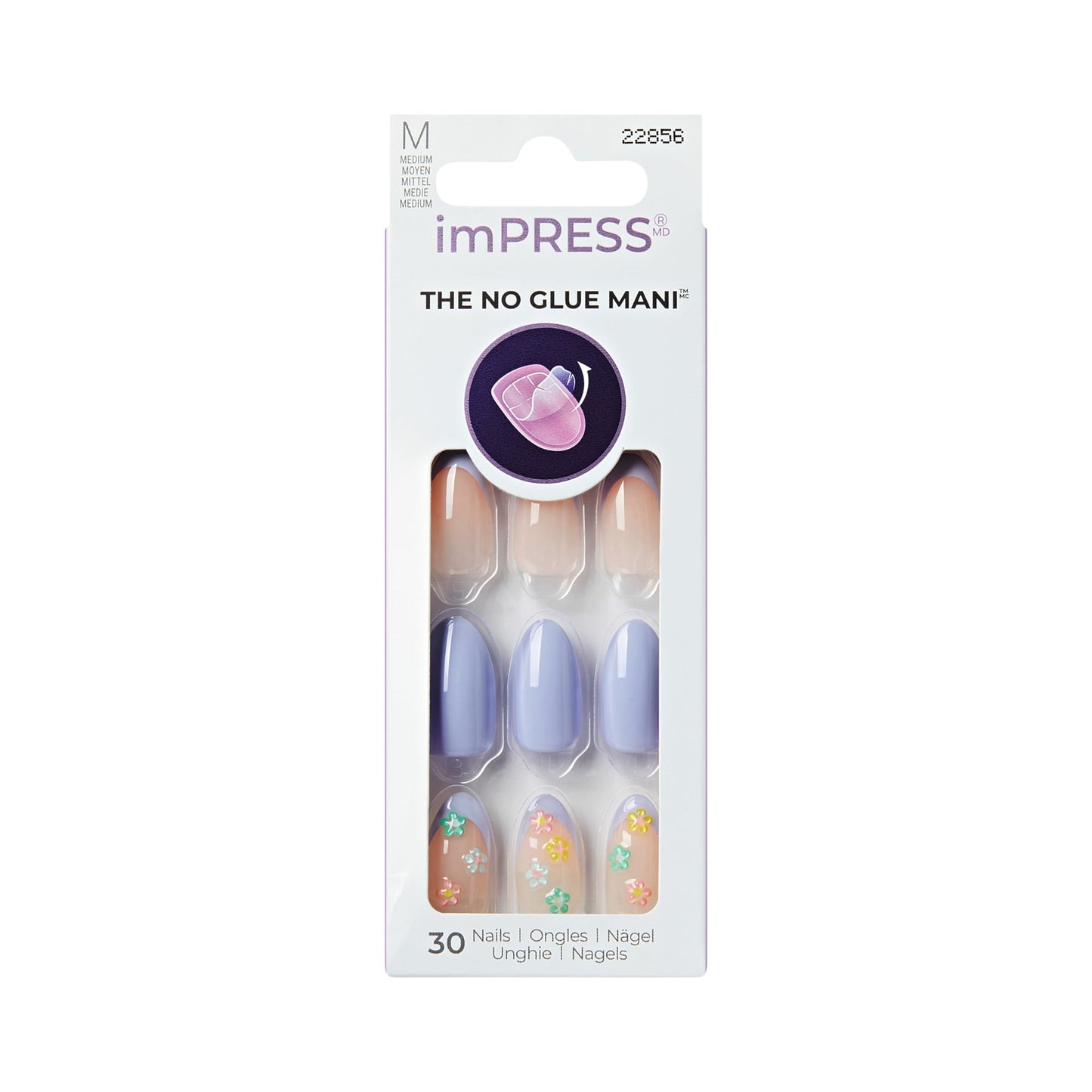 Kiss Impress No Glue Mani Press On Nails, Design, 'Pastel Bloom', Multicolor, Medium Size, Almond Shape, Includes 30 Nails, 1 Mini File, 1 Prep Pad, 1 Manicure Stick, Instruction Sheet