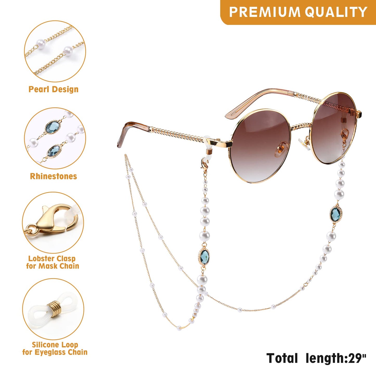 humlbird Glasses Chain Mask Lanyard Eyeglasses Chain Healing Crystal Beaded Sunglasses Chains with Pearl for Women