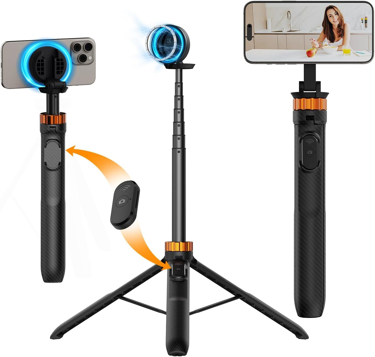 K&F Concept 63'' Magnetic Selfie Stick Tripod for iPhone, Lightweight Cellphone Stand with Wireless Remote, Compatible with iPhone 16 Pro Max/15/14/13/12 Series and All Phones
