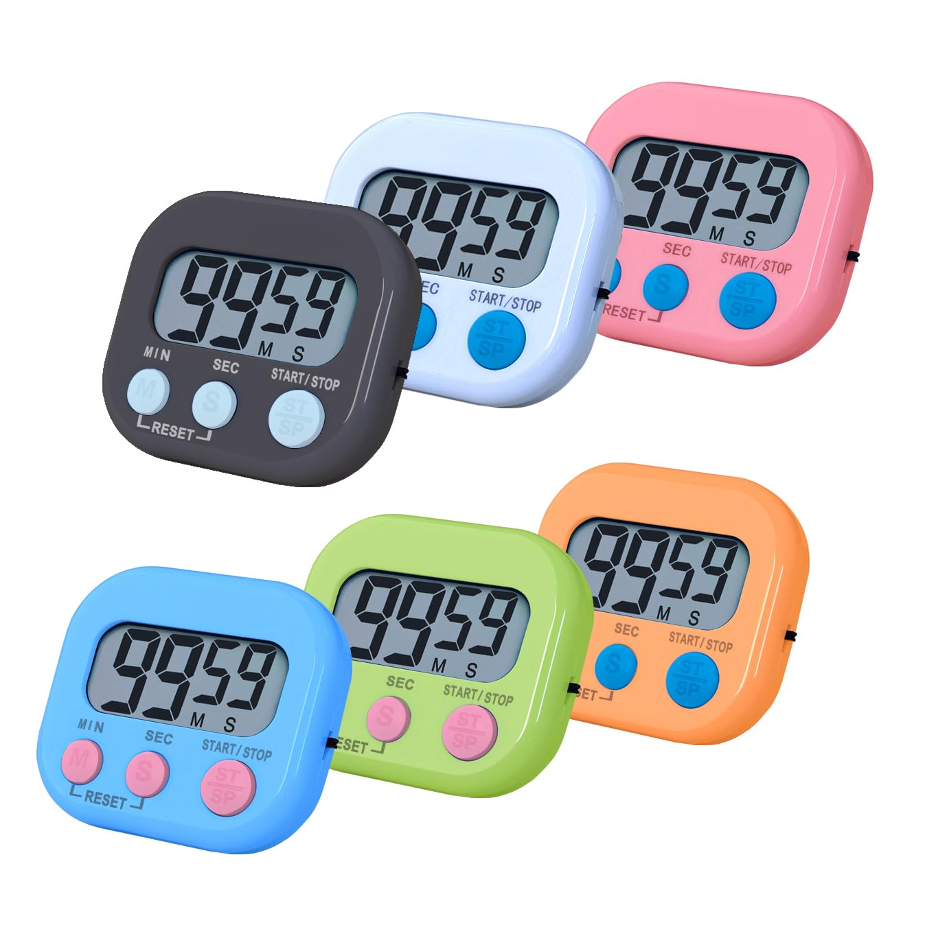 Timers, BESTWYA Magnetic Timer with Clear LCD Screen 3 Big Buttons On/Off Switch Count Up and Down Function for Kitchen,Study,Work,Exercise Training,Outdoor Activities (6,6 Colors)
