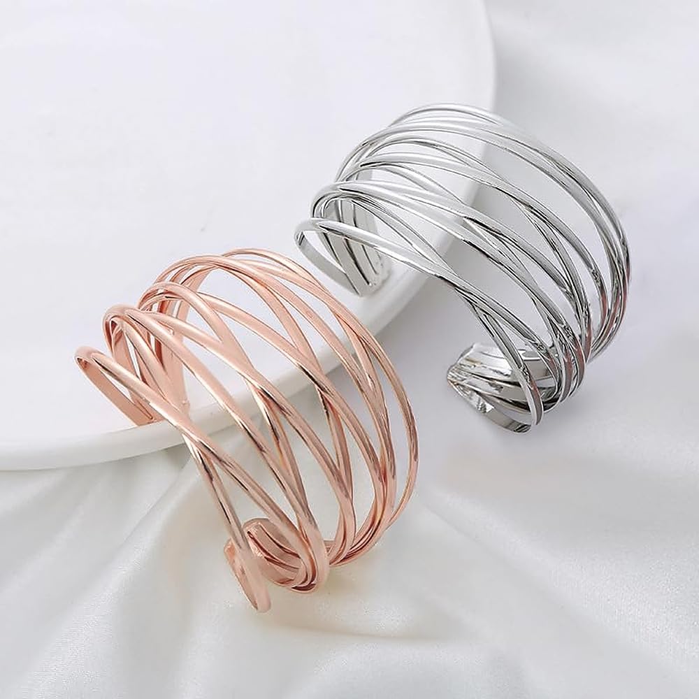 SELFWIMG Rose Gold Cuff Bangle Bracelet for Women Trendy Multi-layer Wire Warp Bangle Bracelet Wide Open Chunky Cuff Bracelets Boho Twisted Wrist Accessories Jewelry Gifts