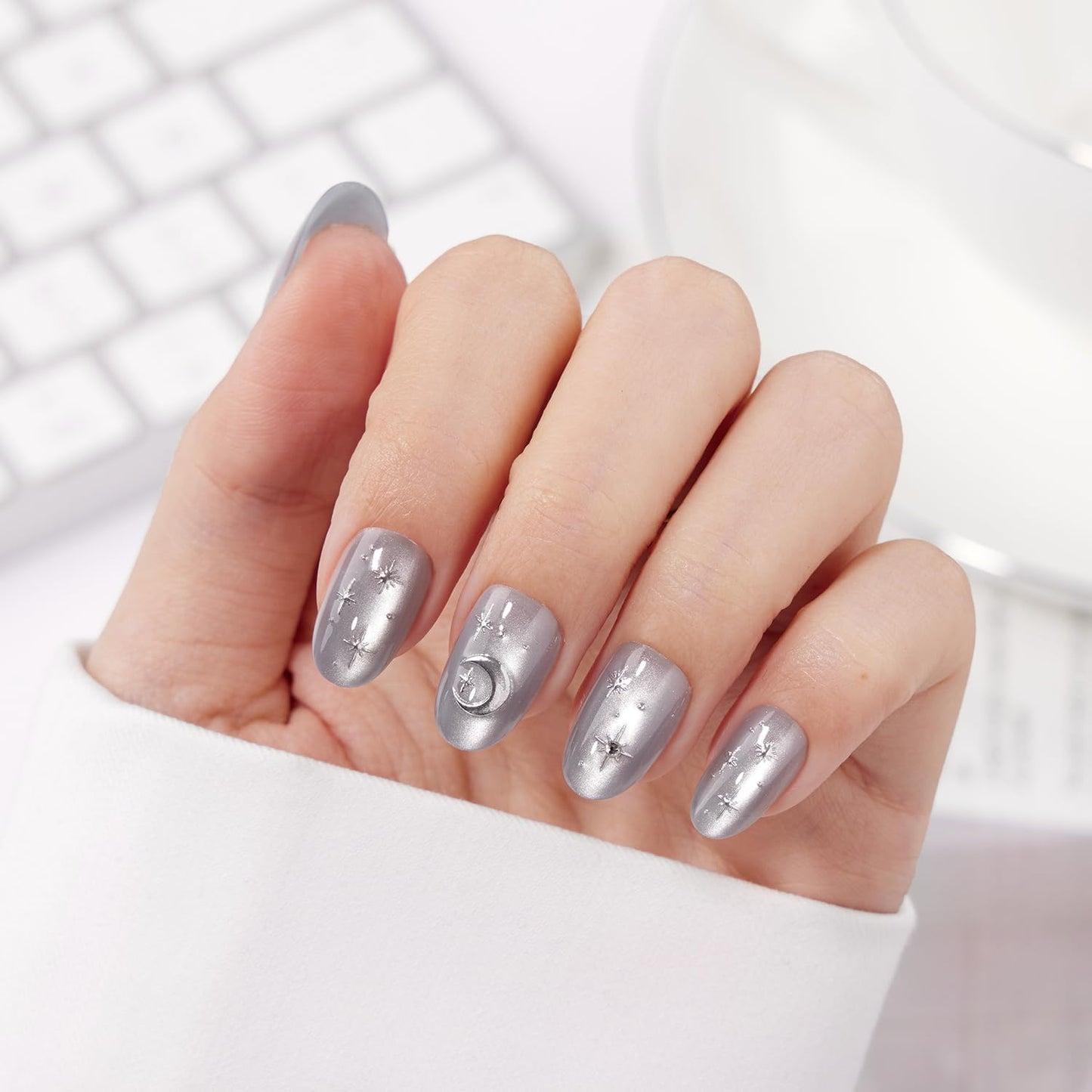 VSALON Oval Short Press on Nails, Silver Gray Star & Moon Summer Celestial Cat Eye Glossy 3D Art Nail Kit & Blue Cat Eye Mini Pack
