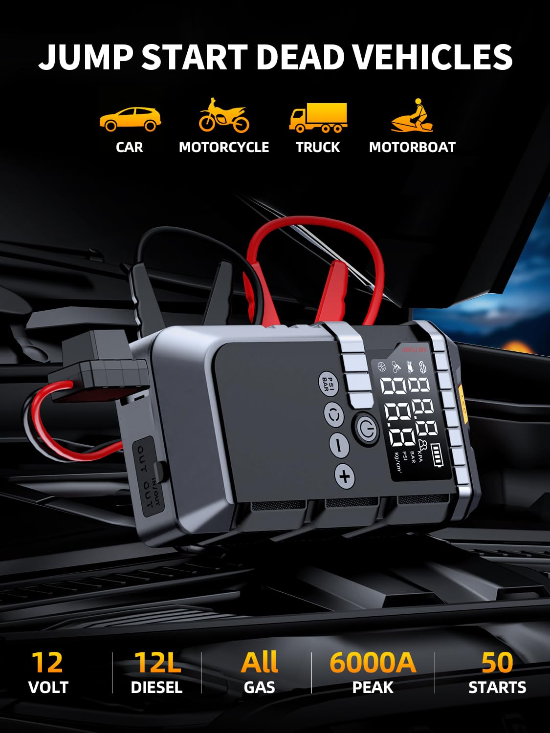 Jump Starter with Air Compressor, Battery Jumper Starter Portable,12V Jump Box with 160PSI Tire Inflator for Car Battery, LED Display for All Gas & 12L Diesel Engines, LED Light, Jumper Cables