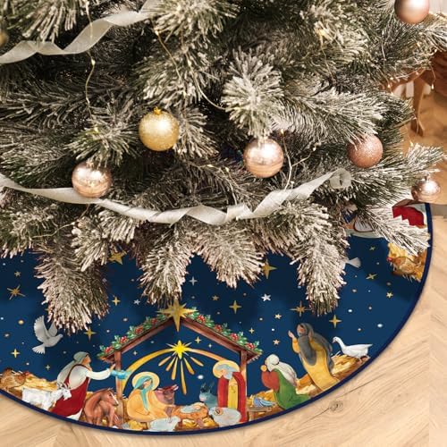 Christian Christmas Tree Skirt Religious Jesus Nativity Scene Xmas Tree Mat Navy Blue Christmas Holiday Jesus Indoor Outdoor Party Decor (48 Inches)