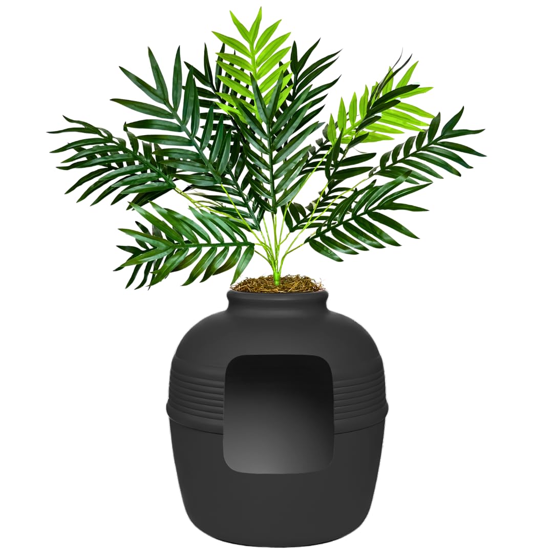 Good Pet Stuff Original Hidden Litter Box Planter, Decorative Cat Litter Enclosure with Carbon Filter, Artificial Palm Plant, Upgraded Design, Easy to Clean, Base Kit, White Birch