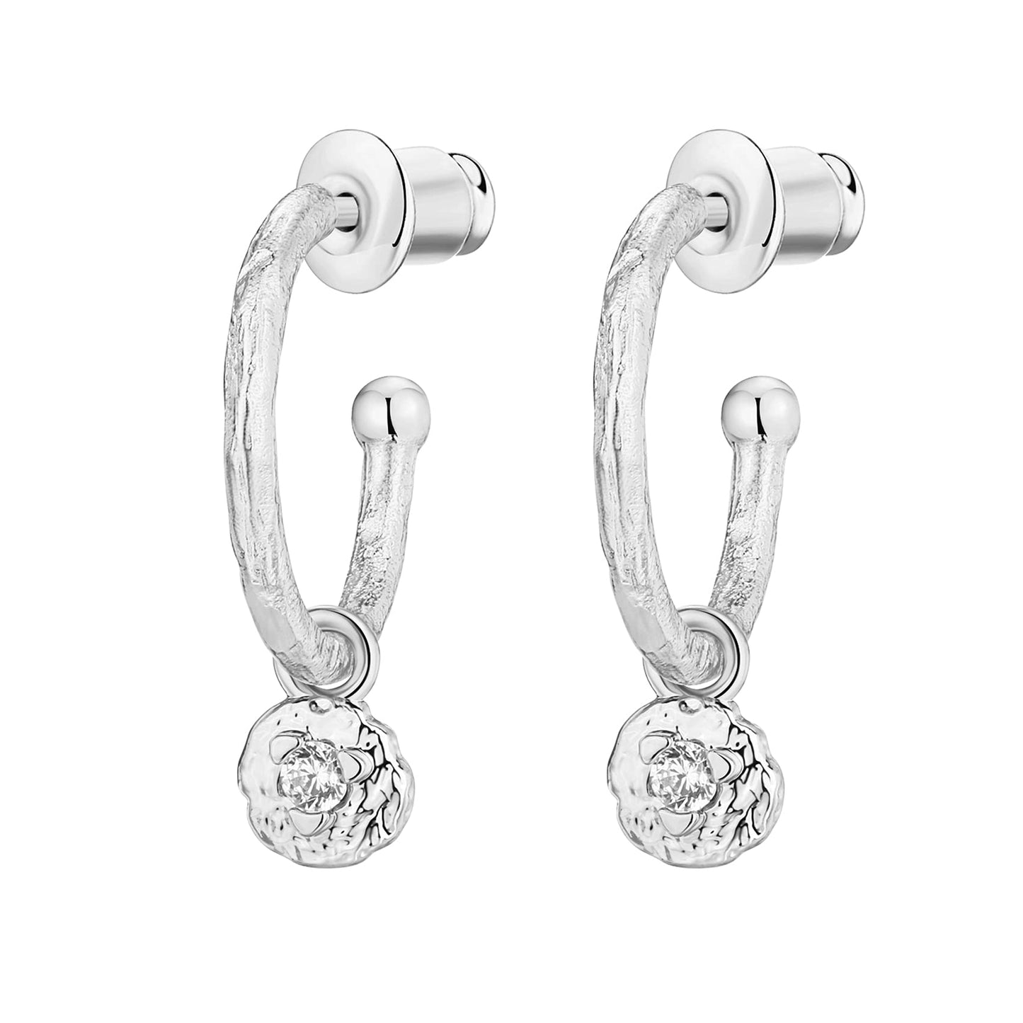 PAVOI 14K White Gold Plated 925 Sterling Silver Post Hammered Open Huggie hoop Earring With CZ Dangle | Womens PAVOI Earrings | Small Huggie Earring With Round Dangle