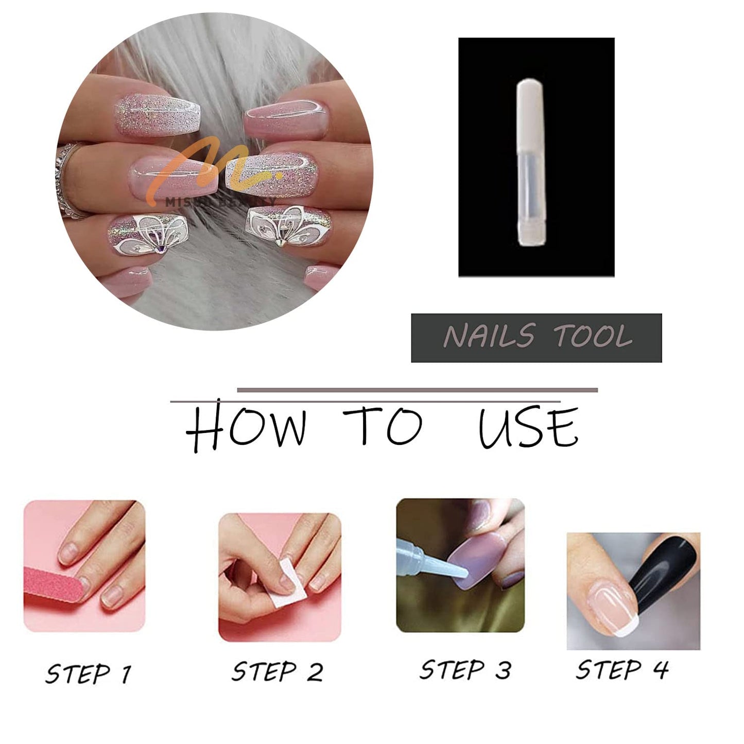 MISUD Press on Nails - Medium Coffin Glue on Nails with Pink Ombre, Acrylic Bling Glitter Design 24 pcs
