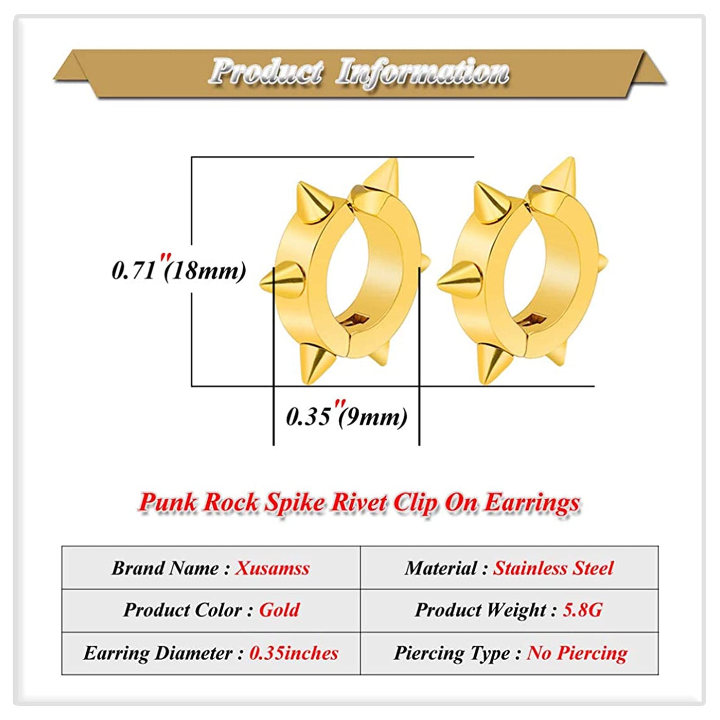 Xusamss Punk Jewelry Stainless Steel Spike Rivet Ear Clip Earrings