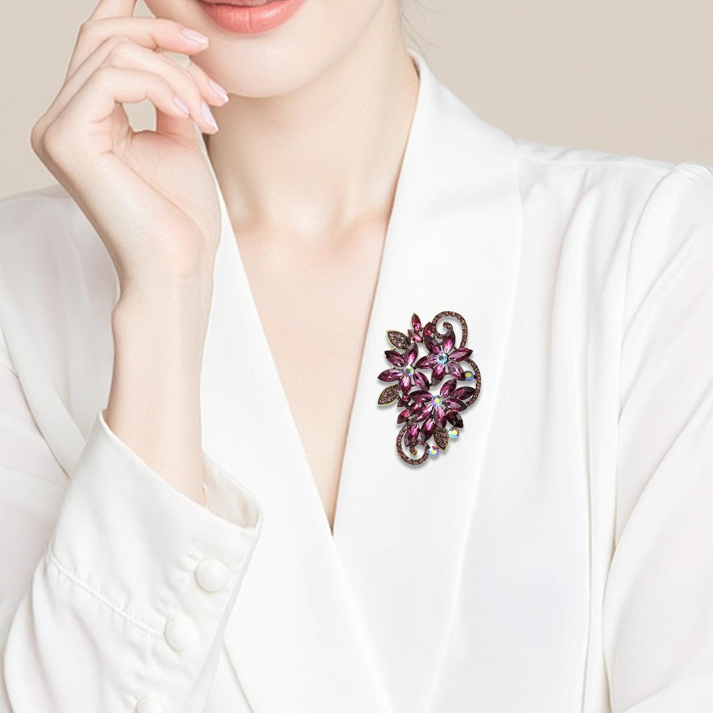 YOQUCOL Vintage Purple Austrian Crystal Rhinestone Flower Shape Brooch Pin For Women