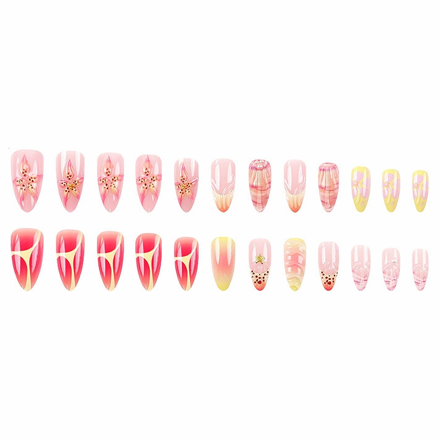 MISUD Press on Nails - Medium Almond Fake Nails with Summer Beach Acrylic Handmade 3D Flower Design 24 pcs