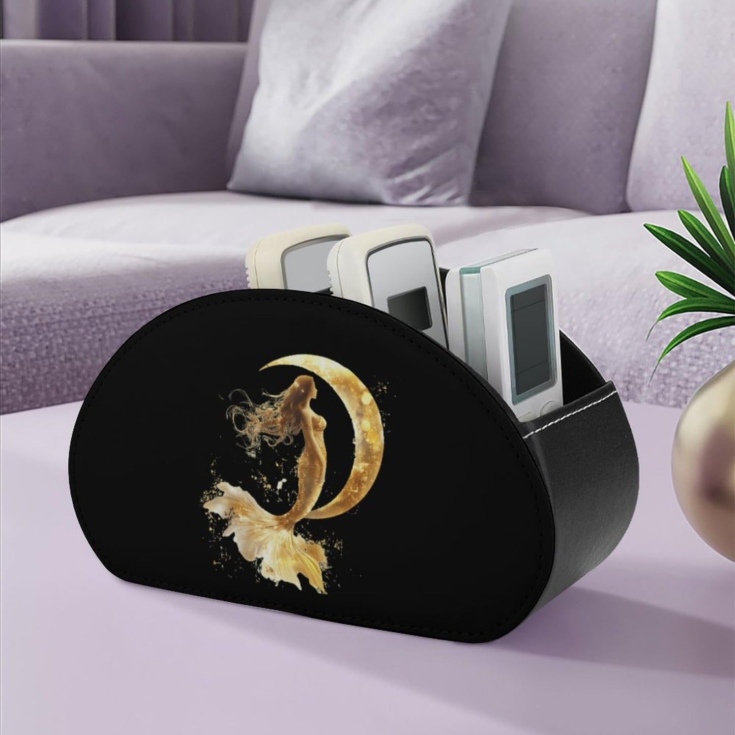 Golden Color Mermaid Moon Remote Control Holder with 5 Compartments Caddy Desktop Organizer for Home Office