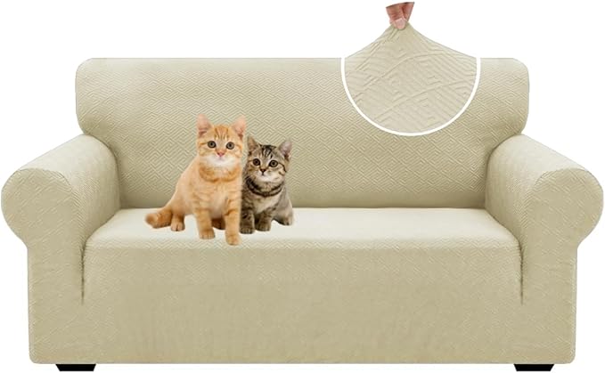 XINEAGE New 1 Piece Couch Covers for 2 Cushion (55"-69") Stretch Loveseat Sofa Cover Slipcover Jacquard Universal Furniture Protector with Elastic Bottom for Kids,Dog (Medium, Light Beige)