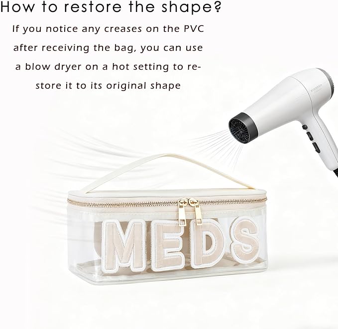 Clear PVC Letter Patch MEDS RX Makeup Bag with Metal Zipper,Large Capacity Nylon Transparent Medicine Bag with Top Handle,First Aid Travel Organizer Cosmetic Bag(02Pink MEDS)