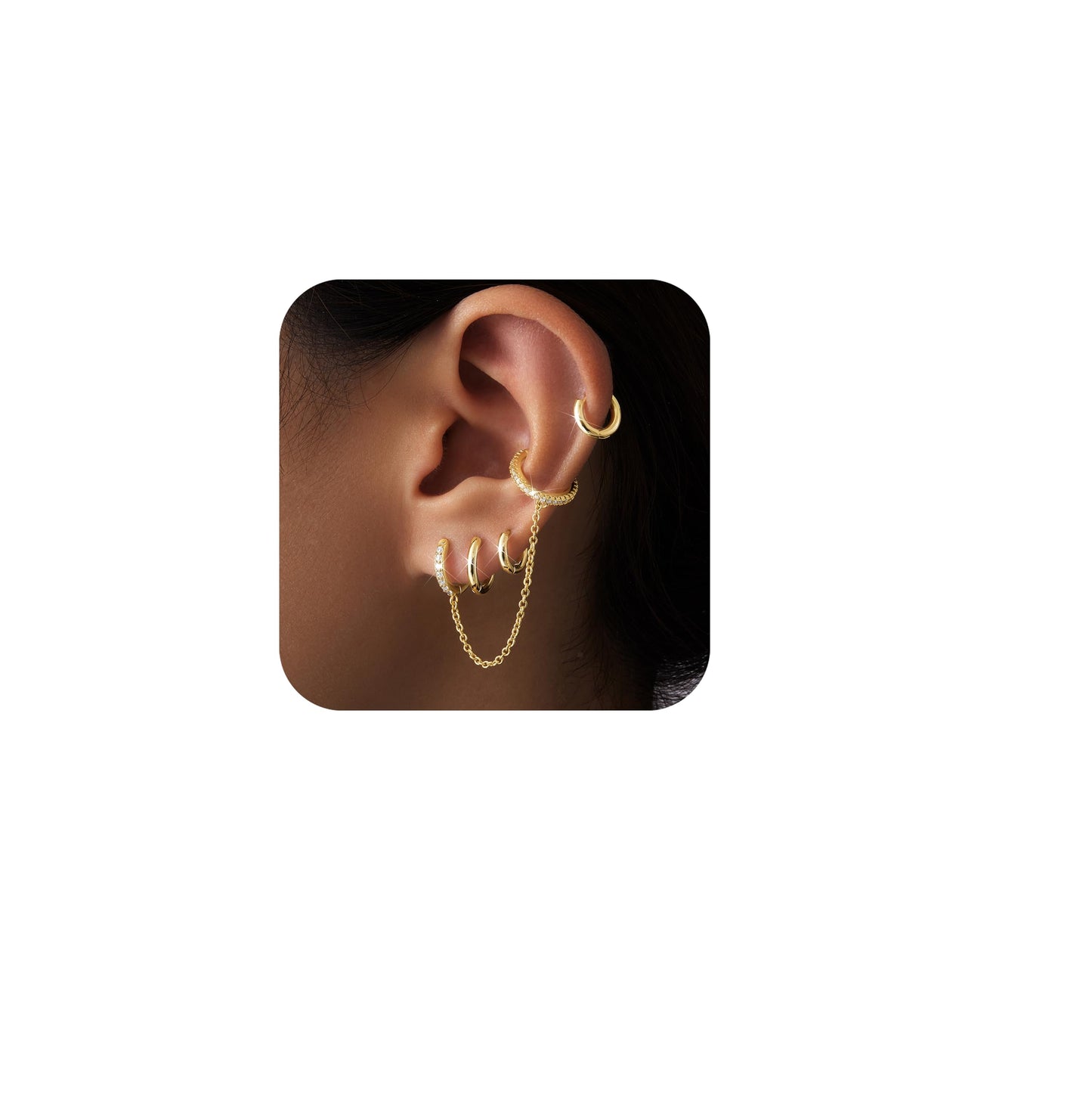 Gold Chain Hoop Ear Cuff Earrings for Women, Double Piercing Chain Huggie Small Stack Cartilage Hoop Cuff Earring Sets for Multiple Piercing, Conch Helix Rook Tragus Daith Clip On Jewelry Set Gifts