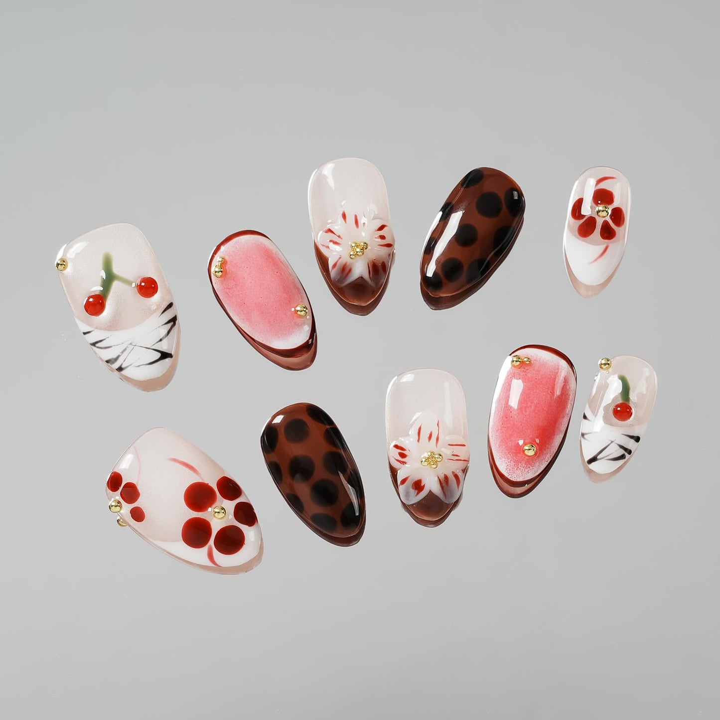 Tesytto Handmade Short Almond Press on Nails Leopard Print French Tip, Cherry Floral Coffee Dot Glossy False Nails, Reusable Acrylic Fake Nails for Women (Leopard Cherry Fun, M)