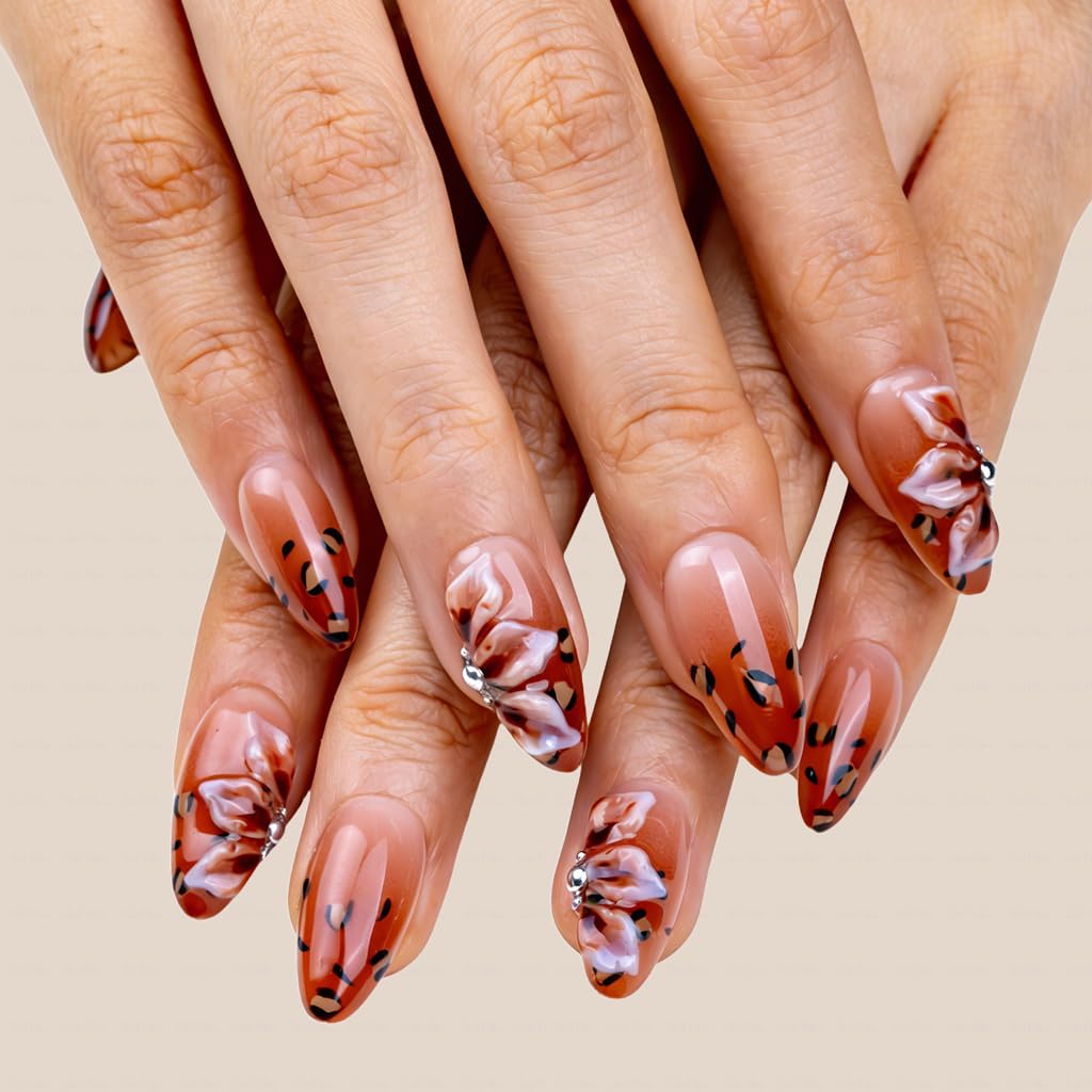 IntoVibes 10 Pieces Handmade Press On Nails Medium Almond, Brown Thickened French False Nails, 3D Petals, Reusable Fake Nails Almond, Reusable Acrylic Nails (M)