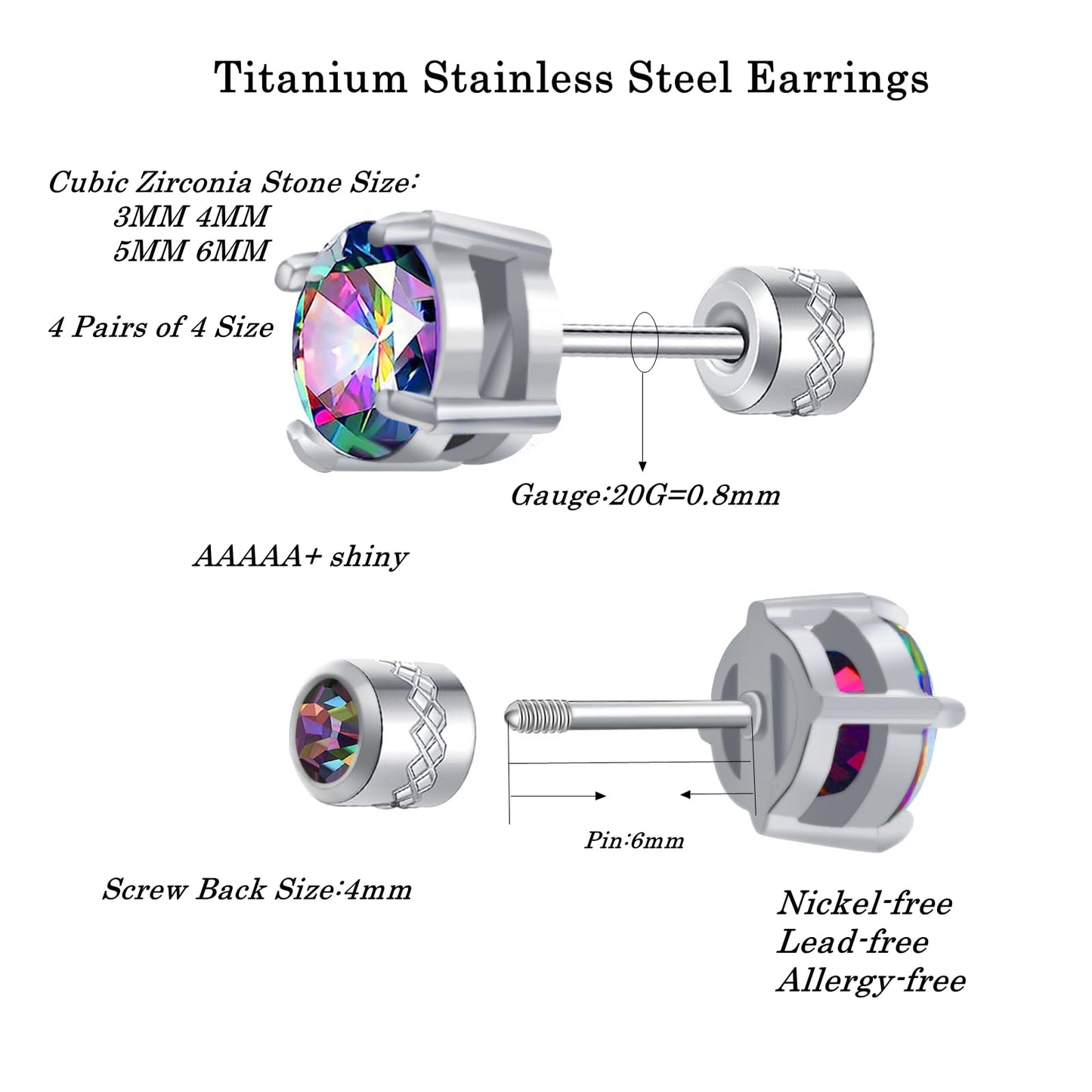 4 Pairs Titanium Hypoallergenic Stud Earrings, Black 5A Cubic Zirconia Screw Back Studs for Women Men Surgical Stainless Steel Double Side Earrings