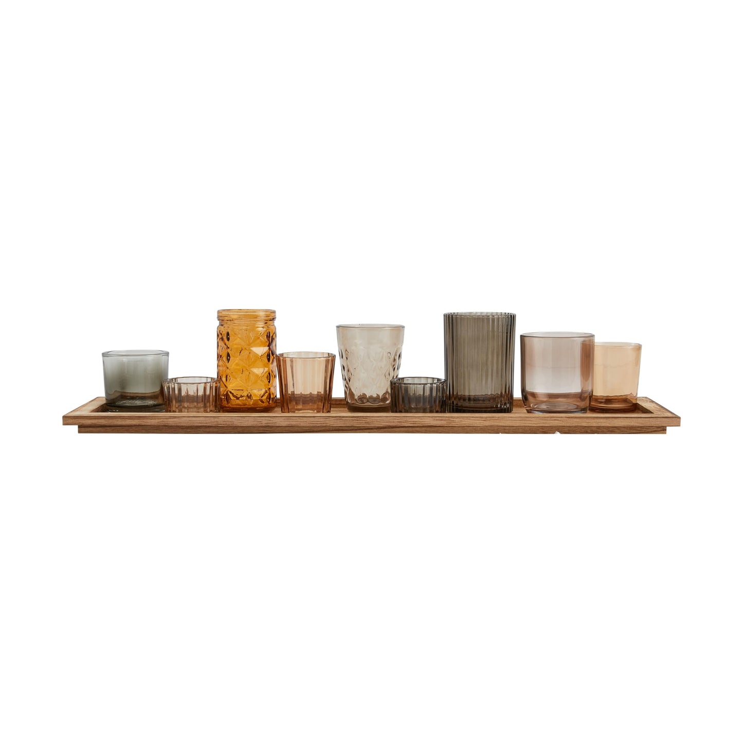 Wood Tray with 9 Brown Glass Votive Holders (Set of 10 Pieces)